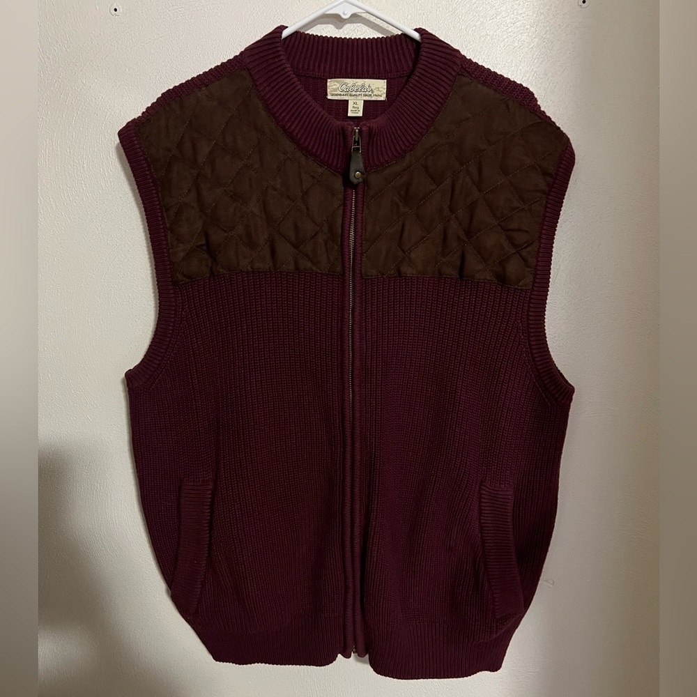 CABELA'S Classic Quilted Suede and Knit Zipper Vest Maroon & Brown Men's Size XL